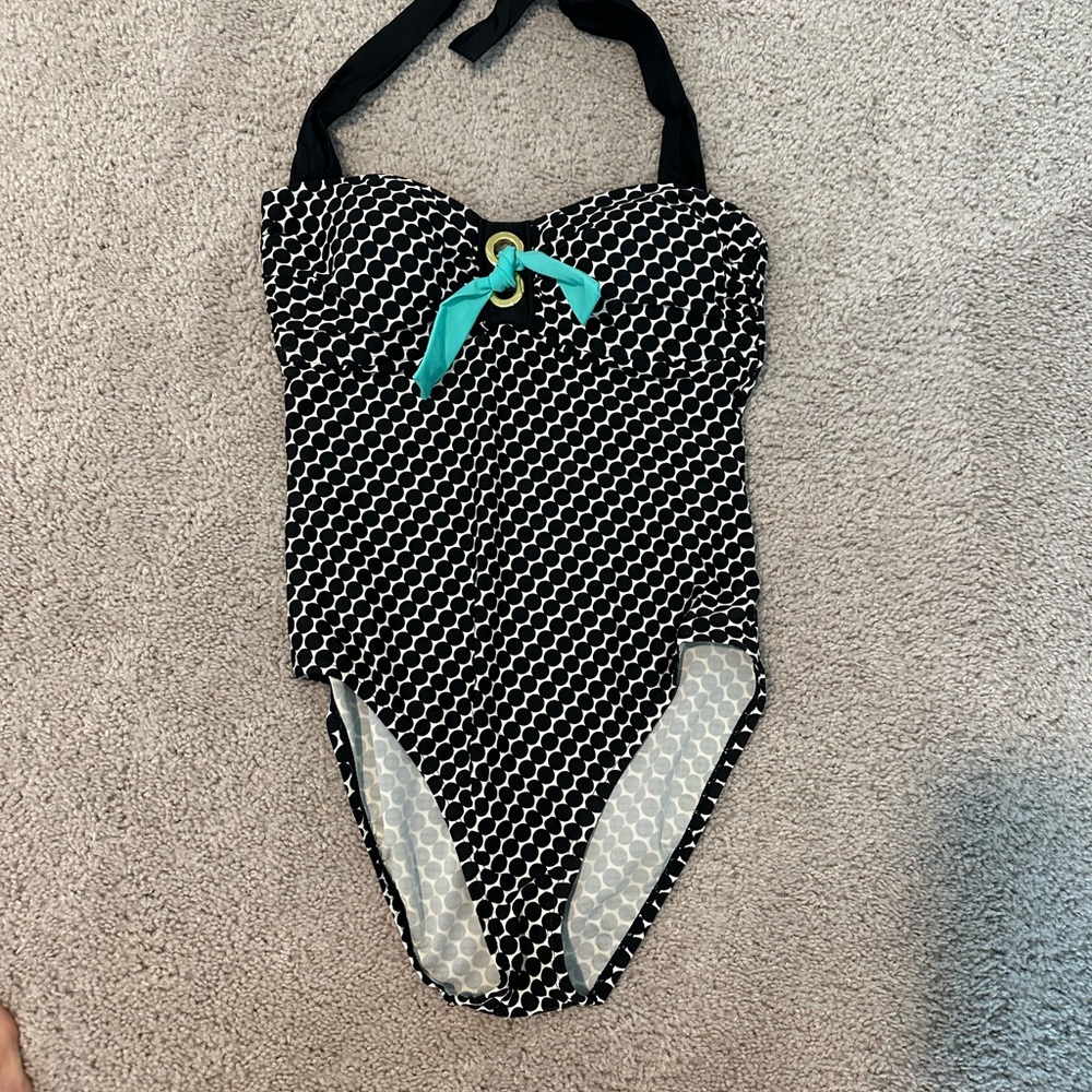 Black and White Swimsuit with Blue tie Accent
